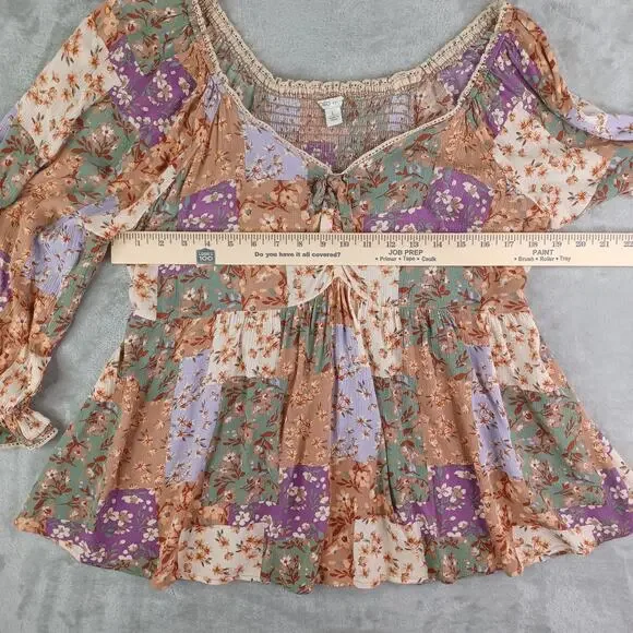 Cato Floral Patchwork Babydoll Boho Top L Milkmaid Smocked Cottagecore Peasant - Picture 8 of 11